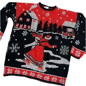 Vtg Large Metallic Ice Skaters Ugly Christmas Sweater 1980s Red Black Silver